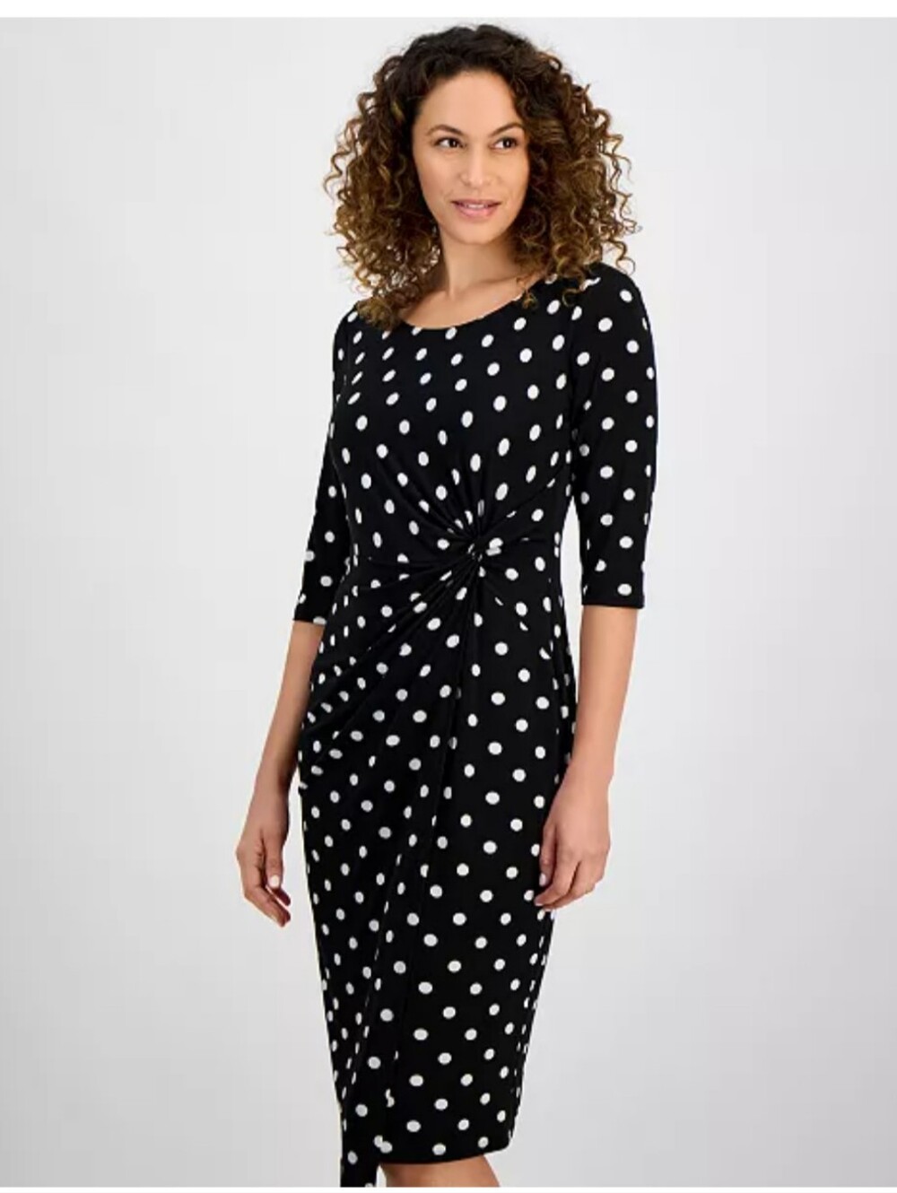 Connected Women's Black White Dot-Print Faux-Wrap 3/4-Sleeve Midi Dress Size 8